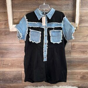 NWT LORAGAL Womens Denim Distressed Romper Shorts 3XL Black Blue Cosmic Cowgirl
